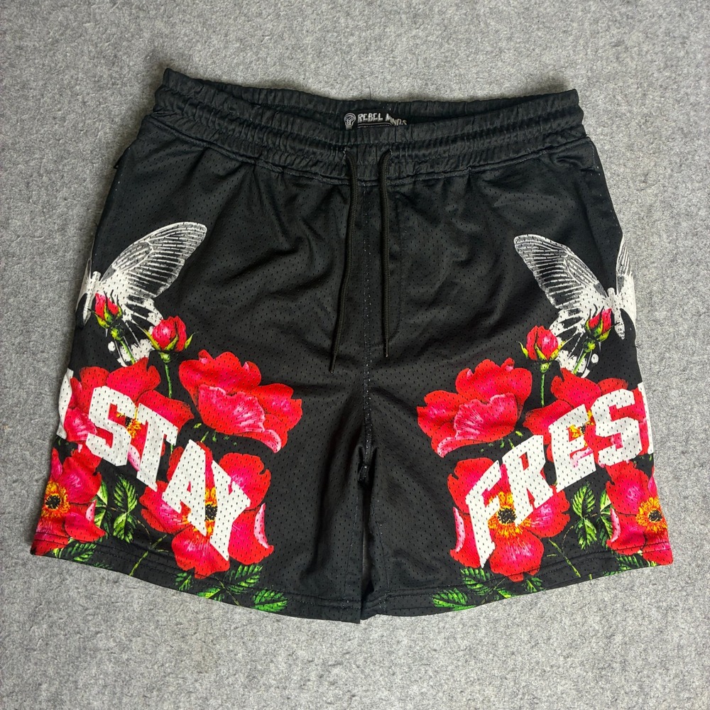Rebel Minds Mens Large Mesh Basketball Shorts Black Floral Butterfly Stay Fresh